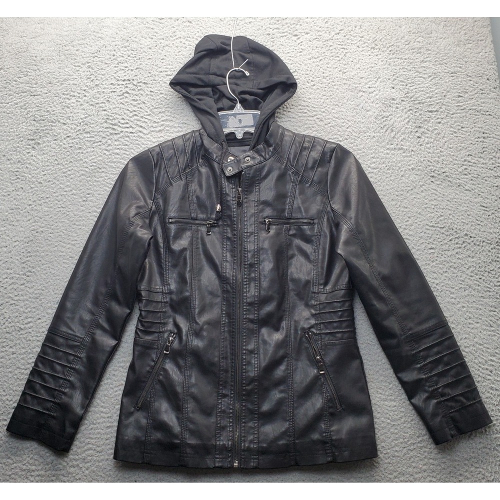 Springrain Faux Leather Bomber Jacket Womens M Black Hood Zipped Pocket Full Zip